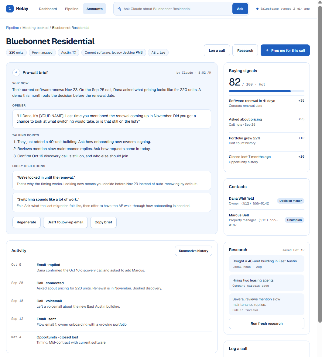 Mockup: Relay account page with pre-call brief (sample data)
